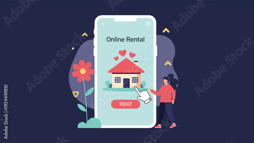 Online real estate application concept with a person booking a house rental through a mobile interface on a dark background.