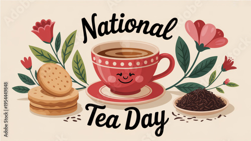 National tea day celebration with smiling red tea cup and saucer cookies and flowers on beige background
