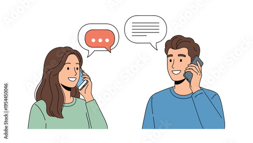 Young man and woman engaged in separate phone conversations with speech bubbles representing communication and dialogue.