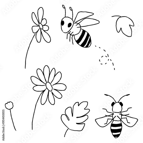 可愛いミツバチの手描き線画イラスト