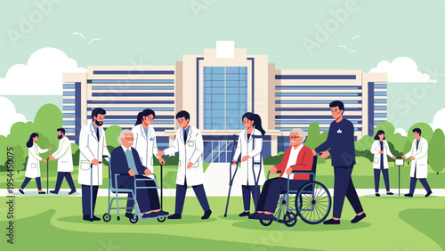 Busy scene outside a modern medical facility with doctors in white coats assisting elderly patients in wheelchairs and walkers.