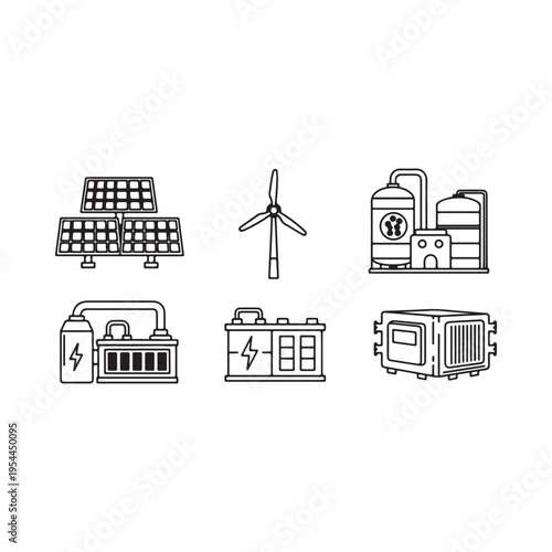 Renewable energy and power storage technology icons including solar panels wind turbine fuel cell battery and electric generator