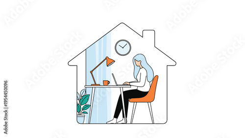 Remote work and stay at home concept showing a woman working on a laptop at a desk inside a house silhouette outline.