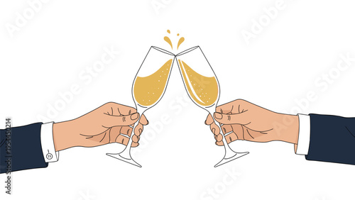 Celebration scene featuring two hands in professional suits clinking champagne glasses filled with sparkling golden bubbles.