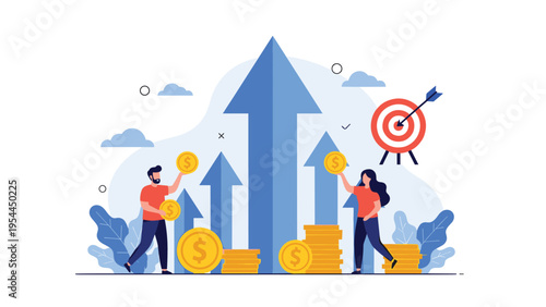 Business success and financial growth concept with a team celebrating profit increase near upward arrows and coin stacks.