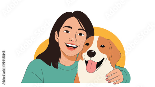 Heartwarming portrait of a smiling young woman hugging her happy brown and white dog on a bright yellow background.
