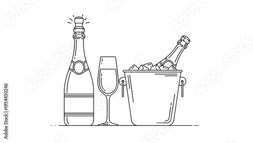 Elegant black and white line drawing of a champagne bottle next to a glass and another bottle chilling in an ice bucket.