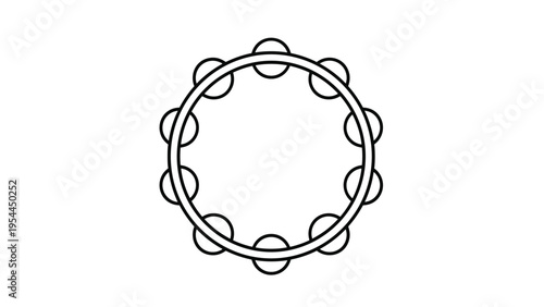 Simple black and white outline drawing of a musical tambourine showing the circular frame and small jingles.