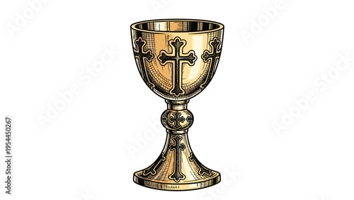 Detailed vintage engraving style illustration of a golden ceremonial chalice decorated with ornate black crosses.
