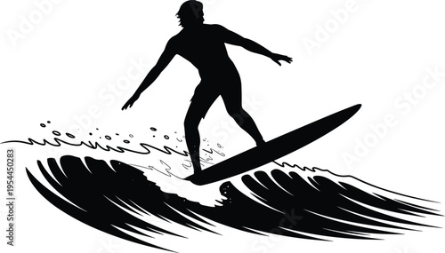 Surfing silhouette illustration, surfer riding wave, dynamic ocean sport posture, balance and motion theme, vector art, black silhouette, isolated, energetic, lifestyle, adventure, athletic design