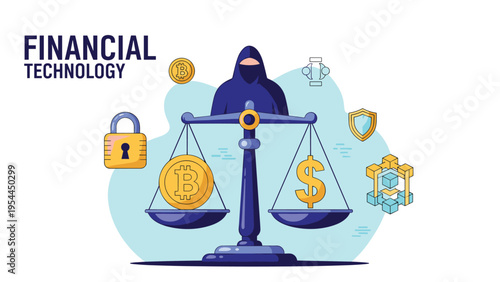Financial technology concept showing a balance scale with a bitcoin and a dollar sign surrounded by security and blockchain icons.