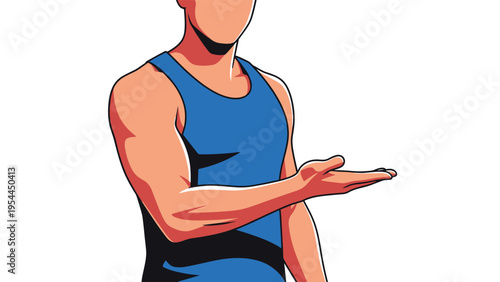 Muscular man in blue tank top showing open palm gesture for product placement or presentation on white background.