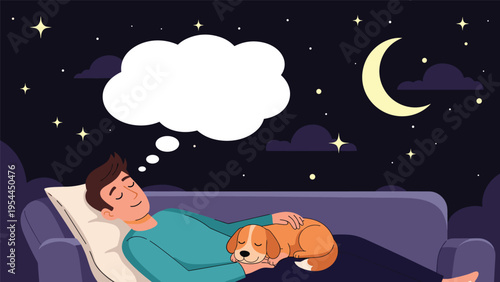 Man dreaming on a couch with his pet dog while having a dream depicted by a thought bubble in starry night background.