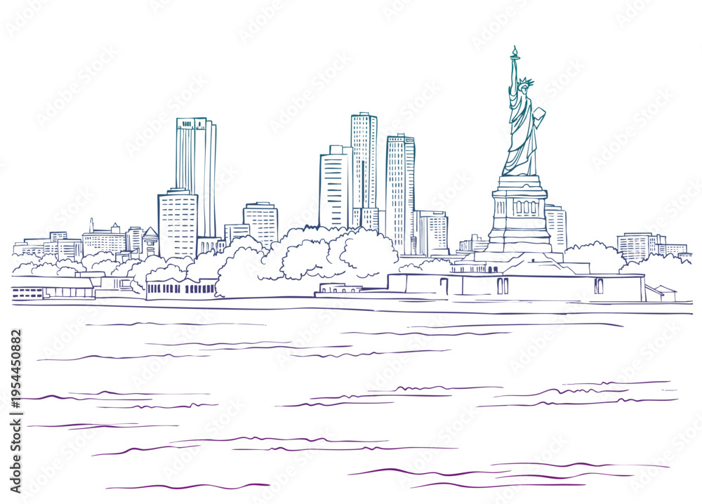 Fototapeta premium View of New York. USA. Hudson river. Urban sketch. Line Art. Ink Drawing. Hand drawn urban landscape. Vector illustration. Postcard style.