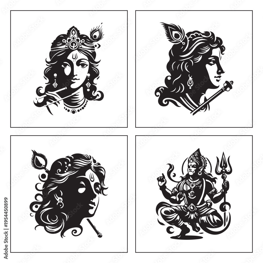 Obraz premium Elegant black and white Krishna Radha Shiva divine portrait icon set 