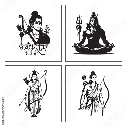 Hindu gods Rama Shiva full body and portrait black white icon set