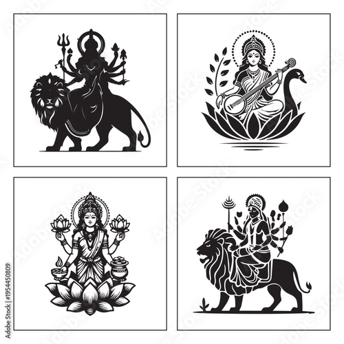 Hindu goddesses Durga Saraswati Lakshmi Durga lion black white set