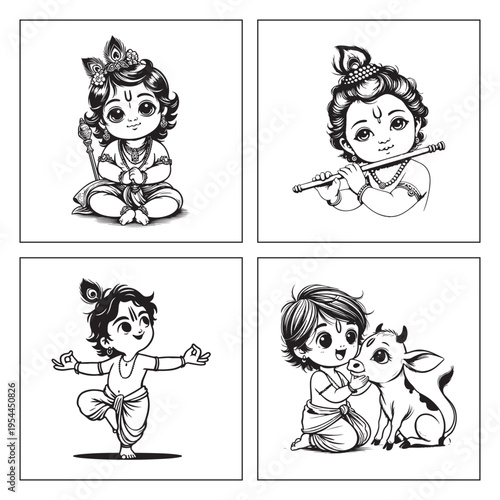 Cute chibi Krishna baby four adorable black and white poses set