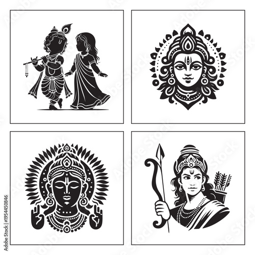 Cute baby Krishna and Hindu gods Shiva Hanuman bold icon set
