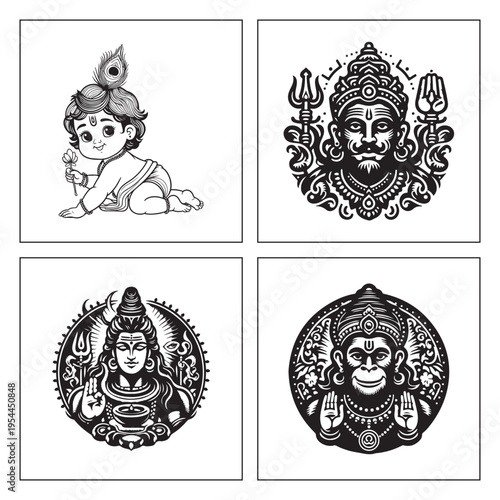 Elegant black and white Krishna Radha dancing flute silhouette set
