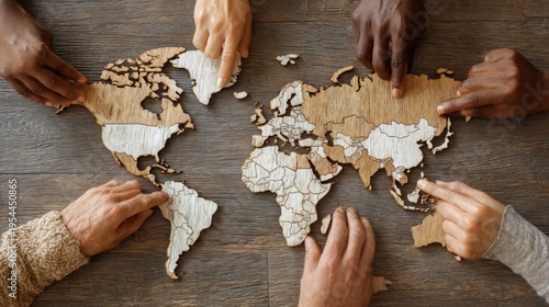 Wallpaper Mural Diverse Hands Collaborating on Wooden World Map Puzzle Symbolizing Teamwork Across Continents and Cultures Torontodigital.ca