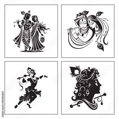 Black and white Shiva Krishna baby makhan chor flute silhouette set
