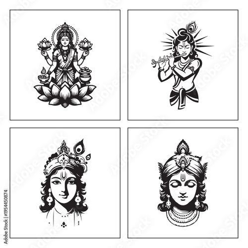 Divine black and white Lakshmi Krishna Radha portrait icon set
