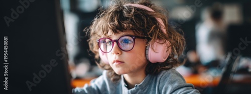 Wallpaper Mural Focused Child Learning Skills on Computer While Wearing Headphones in Bright Learning Environment Torontodigital.ca