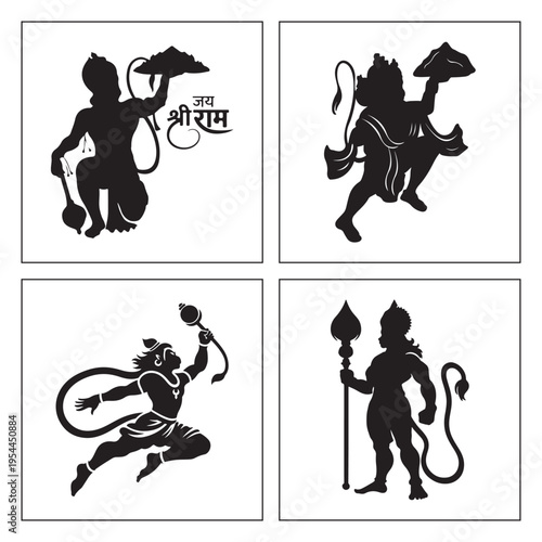 Dynamic black and white Hanuman silhouettes carrying mountain set

