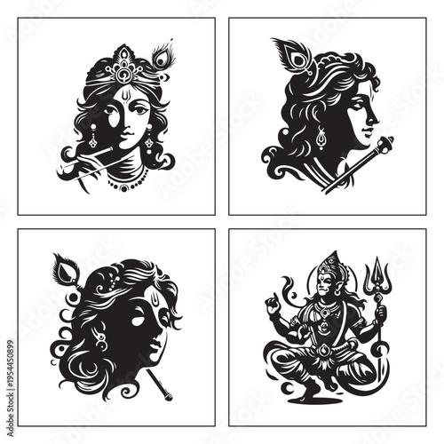 Elegant black and white Krishna Radha Shiva divine portrait icon set
