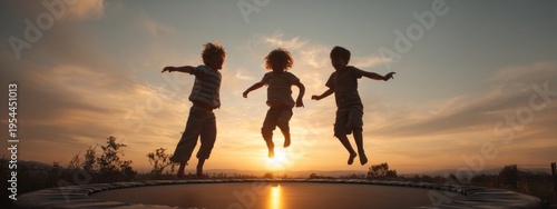 Wallpaper Mural Joyful Children Jumping on Trampoline in Backyard at Sunset, Capturing Happiness and Freedom in Nature Torontodigital.ca