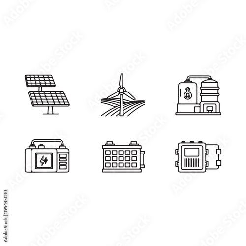 Solar panel wind turbine battery icons representing renewable energy sources and sustainable power generation technology