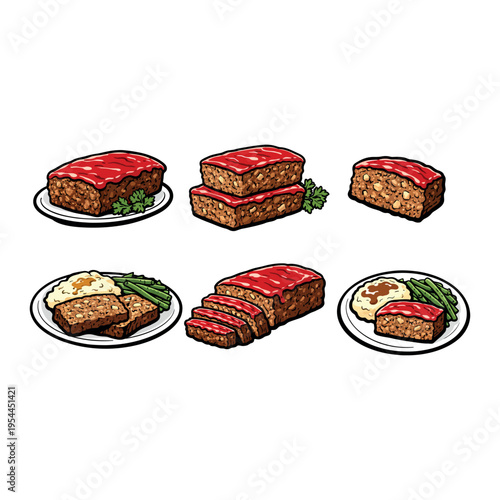 Meatloaf Slices with Ketchup Glaze Cartoon Food Vector Meatloaf with Tomato Sauce and Slices Cartoon Food Vector Illustration Meatloaf (Southern style) Illustration vector art