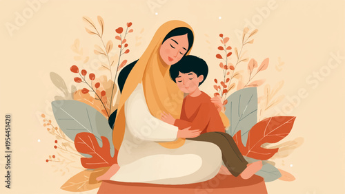 Vector illustration of a mother and child sitting with flowers