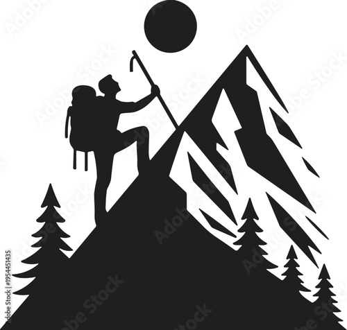 Black and white silhouette illustration of hiker climbing steep snowy mountain with backpack and stick, symbolizing adventure, perseverance, exploration, and outdoor nature challenge concept