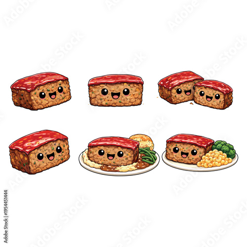 Meatloaf Slices with Ketchup Glaze Cartoon Food Vector funny Meatloaf with Tomato Sauce and Slices Cartoon Food Vector Illustration cute Meatloaf (Southern style) Illustration vector art 