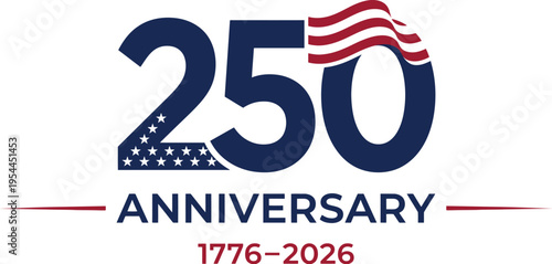 American 250th anniversary logo with usa stars and flag waves on white