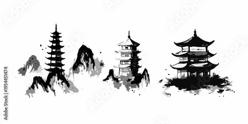 Ink wash painting of traditional asian pagodas amidst misty mountains