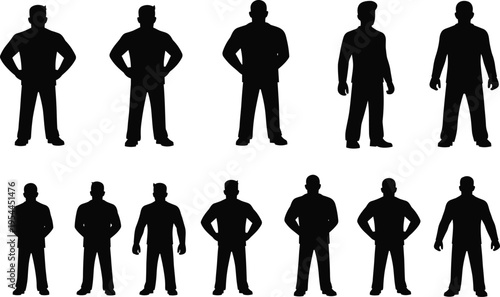Collection of diverse male silhouette figures in various standing poses isolated on white background for design, branding, and character reference