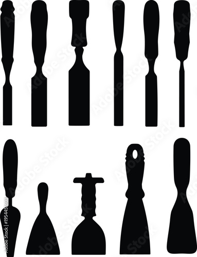 Black silhouette illustration of various chisels, scrapers, and putty knives arranged in rows, symbolizing woodworking, carpentry, construction, and tool identification concept design