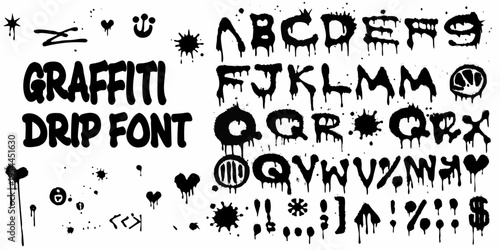 Black dripping graffiti alphabet and symbols on a white background
