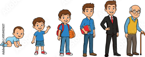 Cartoon illustration showing stages of human male growth and aging from baby, child, teenager, adult to elderly man with cane, educational concept