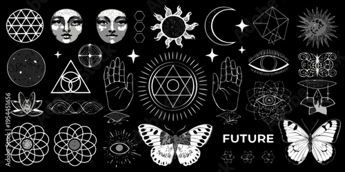 Mystical and celestial hand drawn illustrations with geometric and natural motifs