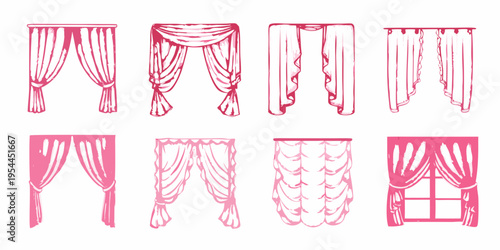 Collection of hand drawn pink curtains in various styles and designs