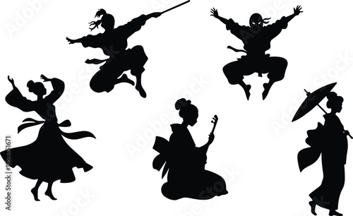 Japanese culture silhouette set featuring ninja, samurai, geisha and traditional dancer poses isolated on white background, oriental characters collection for design, illustration and branding use