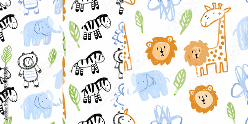 Whimsical pattern featuring childlike drawings of safari animals and foliage