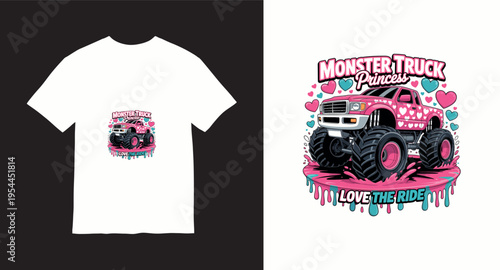 Monster truck princess cute pink vehicle with hearts for girls tshirt design