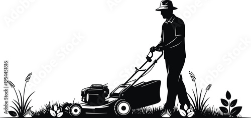 Man mowing lawn silhouette vector illustration, gardener using lawn mower for grass cutting in garden yard, landscaping maintenance concept for outdoor gardening work