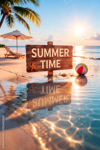 Summer time sign on beach with reflection and sunset