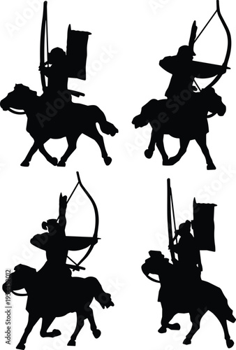 Medieval horse archer silhouettes set vector illustration ancient warrior riding horse with bow and banner historical cavalry soldiers isolated on light background